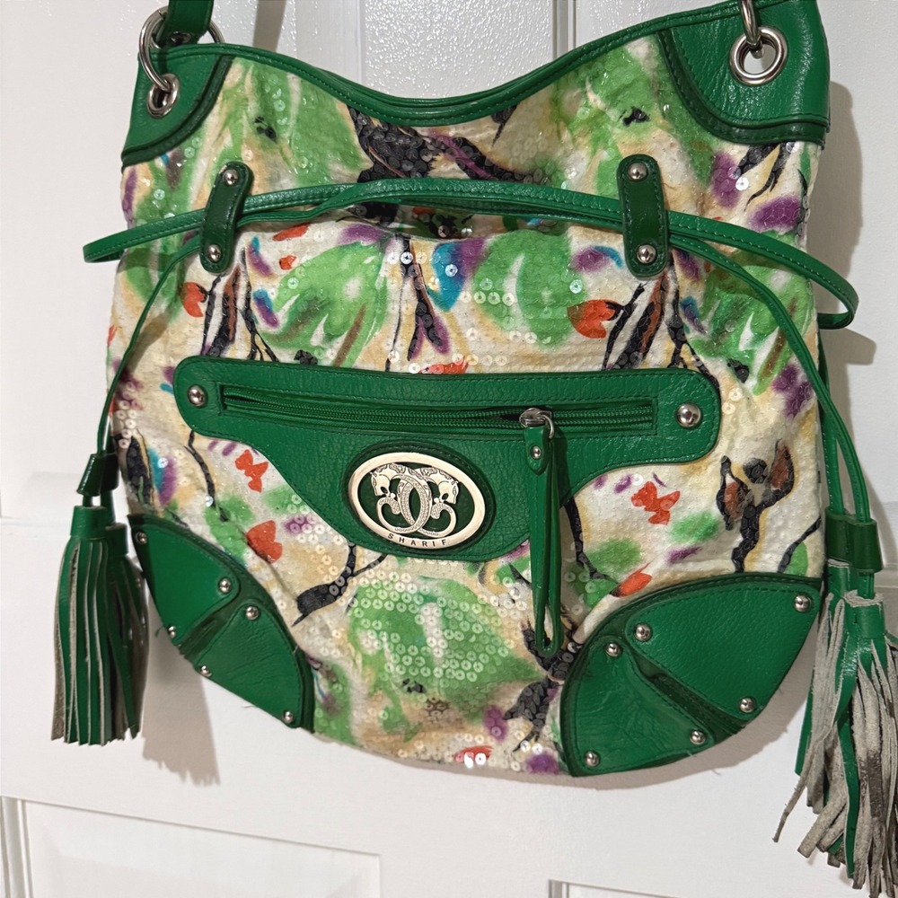 Sharif Studio Green Leather Sequin Floral Hobo Bag Tassel Crossbody Multi-Color